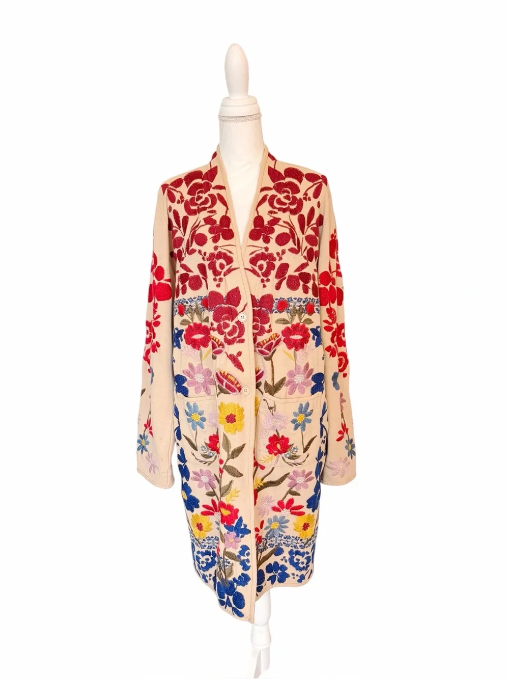 Johnny Was BIYA Embroidered Cardigan Coat Boho Floral Jacket Beige Multicolor XL - Picture 2 of 14